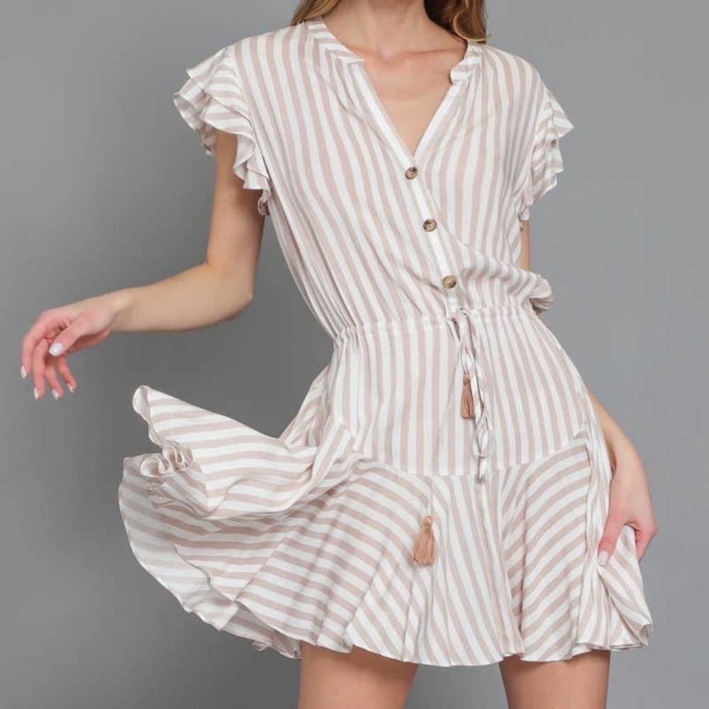 NWOT Tan & White Striped Ruffle Sleeve Shirt Dress - Picture 1 of 10